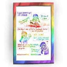 Load image into Gallery viewer, Rainbowofcrazy web comic. [I never planned to get into sourdough.] Rabbit, lying down on Jo&#39;s lap: &quot;Hey, what exactly is sourdough?&quot; Jo, distracted by her phone: &quot;Pft fuck if I know.&quot; / [One day, I was gifted a sourdough starter. I was not prepared.] Jo, holding a small jar: &quot;WTF is this?&quot; [But I quickly welcomed it with open arms.] / [Watch out: one day the sourdough starter distribution system will get you too.] Jo, smiling, caressing the little jar: &quot;I&#39;ll take care of you forever.&quot; / ko-fi.com/rainbowofc
