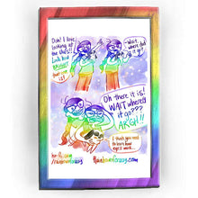 Load image into Gallery viewer, Rainbowofcrazy web comic. Jo, holding a smiling rabbit in one arm, pointing up at the night sky with her other hand: &quot;Ooh! I love looking at the stars!! Look how BRIGHT that one is!&quot; / Jo, hand drops, frowning: &quot;-Wait, where did it go?&quot; / Jo, smiling, and then suddenly squinting and scowling: &quot;Oh there it is! WAIT where&#39;d it go??? ARGH!!&quot; Rabbit: &quot;I think you need to learn how eyes work...&quot; / ko-fi.com/rainbowofcrazy / Rainbowofcrazy.com
