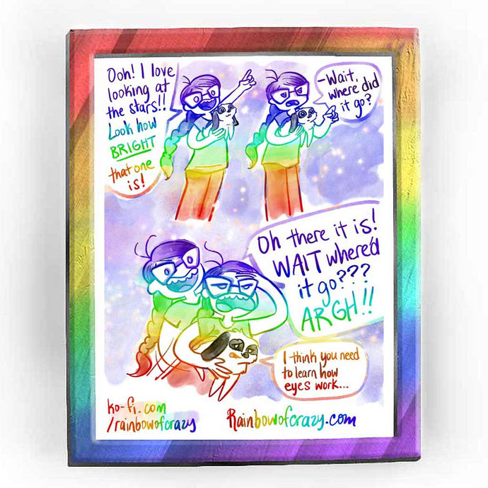 Rainbowofcrazy web comic. Jo, holding a smiling rabbit in one arm, pointing up at the night sky with her other hand: 