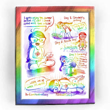 Load image into Gallery viewer, Rainbowofcrazy web comic. / Jo, sitting on the ground cross-legged, wearing a tank top with a smiling maple leaf on it. She holds a white rabbit in her lap, giving the bunny pets. Jo: &quot;I gotta enjoy the summer before it&#39;s over. I should spend more time outside!&quot; / [Day 1: Strawberry picking!] Jo, wearing a red and white dress with a maple leaf on it, leaning over towards a patch of strawberry plants, clutching her back in pain: &quot;Omg my back!&quot; / [Day 2: Beach Day!] Jo, sitting on her knees on a towel, surrou
