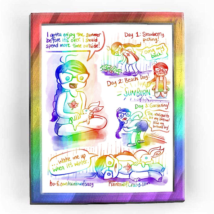 Rainbowofcrazy web comic. / Jo, sitting on the ground cross-legged, wearing a tank top with a smiling maple leaf on it. She holds a white rabbit in her lap, giving the bunny pets. Jo: 