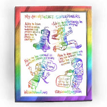 Load image into Gallery viewer, web comic. My (Not So) Secret Superpowers. / Able to listen to half an entire audiobook, not process any of it, and have to start all over again. (Jo sits cross legged, wearing a shirt that says &quot;Sour D&#39;oh, wtih headphones on, looking rather upset.) / Able to effortlessly be a mosquito magnet. (Jo running for her life, mosquito bites all over her body.) / Able to be covered in mysterious bruises and scars. Jo, rather sad: &quot;I&#39;m just clumsy!&quot; / Able to draw comics with my non-dominant hand.. better than expec
