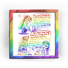 Load image into Gallery viewer,  Rainbowofcrazy web comic. / Jo, looking dishevelled and bleary eyed, holds a smiling white rabbit. Rabbit: &quot;You okay? You look, um, extra tired, even for you.&quot; Jo: &quot;My bag woke me up.&quot; Rabbit: &quot;... what?&quot; Jo: &quot;My bag fell over at 5 AM and woke me up.&quot; / image of a backpack with a worried face, on top of a tall mountain of clothes. Rabbit: &quot;You mean that bag that you always place on top of your perilous mountain of clothes, finally fell because of gravity and all of those slipper fabrics?&quot; Jo: &quot;... Shut up.
