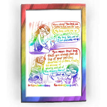 Load image into Gallery viewer,  Rainbowofcrazy web comic. / Jo, looking dishevelled and bleary eyed, holds a smiling white rabbit. Rabbit: &quot;You okay? You look, um, extra tired, even for you.&quot; Jo: &quot;My bag woke me up.&quot; Rabbit: &quot;... what?&quot; Jo: &quot;My bag fell over at 5 AM and woke me up.&quot; / image of a backpack with a worried face, on top of a tall mountain of clothes. Rabbit: &quot;You mean that bag that you always place on top of your perilous mountain of clothes, finally fell because of gravity and all of those slipper fabrics?&quot; Jo: &quot;... Shut up.
