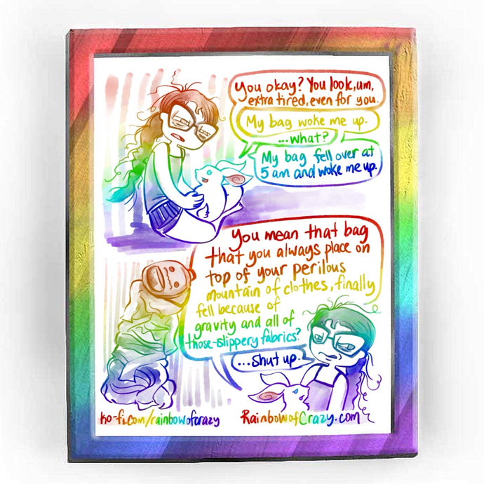  Rainbowofcrazy web comic. / Jo, looking dishevelled and bleary eyed, holds a smiling white rabbit. Rabbit: 