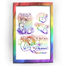 Load image into Gallery viewer, Full alt text: Rainbowofcrazy web comic: To the Rescue. / Jo, kneeling on the ground, next to a white rabbit. Jo, looking miserable: "This has been the worst day ever." / The rabbit, in proper rabbit loaf form, looks up at Jo. / The rabbit now stretches out into a sploot, looking up at Jo, small smile on her face. / Jo, head resting on the rabbit's back, hand on the rabbit, tears in her eyes. Jo: "Th.. thank you ❤️". Rabbit, with a big smile: "My pleasure!" / Rainbowofcrazy.com
