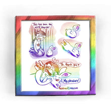 Load image into Gallery viewer, Full alt text: Rainbowofcrazy web comic: To the Rescue. / Jo, kneeling on the ground, next to a white rabbit. Jo, looking miserable: "This has been the worst day ever." / The rabbit, in proper rabbit loaf form, looks up at Jo. / The rabbit now stretches out into a sploot, looking up at Jo, small smile on her face. / Jo, head resting on the rabbit's back, hand on the rabbit, tears in her eyes. Jo: "Th.. thank you ❤️". Rabbit, with a big smile: "My pleasure!" / Rainbowofcrazy.com
