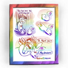 Load image into Gallery viewer, Full alt text: Rainbowofcrazy web comic: To the Rescue. / Jo, kneeling on the ground, next to a white rabbit. Jo, looking miserable: "This has been the worst day ever." / The rabbit, in proper rabbit loaf form, looks up at Jo. / The rabbit now stretches out into a sploot, looking up at Jo, small smile on her face. / Jo, head resting on the rabbit's back, hand on the rabbit, tears in her eyes. Jo: "Th.. thank you ❤️". Rabbit, with a big smile: "My pleasure!" / Rainbowofcrazy.com
