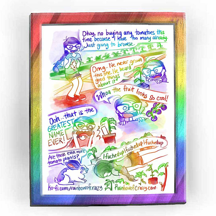 Rainbowofcrazy web comic. Jo, smiling, in a garden centre, rows of plants sit on tables in the background: 