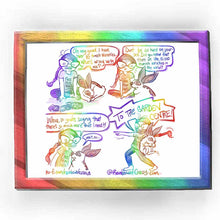 Load image into Gallery viewer, web comic. Jo sits on the ground, cross-legged. she wears a t-shirt that says, &quot;FREE FKIN HUGS&quot;. she looks down at packets of seeds. A bunny with brown ears curls up next to her, eyes closed. Jo, looking rather upset: &quot;Oh my gawd. I have like 30 tomato varieties. What&#39;s wrong with me?&quot; / Bunny: &quot;Don&#39;t be so hard on yourself. Did you know that there are like 10,000 tomato varieties in the world?&quot; Jo looks surprised. / Jo, with crazy eyes and a big smile: &quot;Whoa. So you&#39;re saying there&#39;s so much more that I ne
