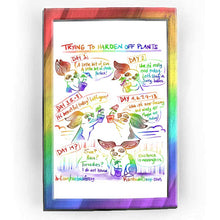Load image into Gallery viewer, - Rainbowofcrazy web comic. Trying to harden plants. /Day 1. Rabbit, holding a small tomato plant in a pot. the pot has a little umbrella. &quot;A little bit of sun. A little bit of shade. Perfect!&quot; / Day 2. Rabbit holding the pot, the plant wears a tiny scarf. &quot;Um, it&#39;s really cold today. Let&#39;s stay in. Sorry, babes.&quot; / Day 3, 5, + 8. Rabbit runs to the right, holding the pot up. the plant wears tiny sunglasses. |It&#39;s beautiful today! let&#39;s gooo!&quot; / Day 4, 6, 7, 9-13. Rabbit runs to the left, holdng the pot up.

