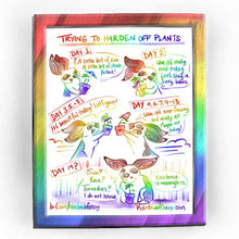 Load image into Gallery viewer, - Rainbowofcrazy web comic. Trying to harden plants. /Day 1. Rabbit, holding a small tomato plant in a pot. the pot has a little umbrella. &quot;A little bit of sun. A little bit of shade. Perfect!&quot; / Day 2. Rabbit holding the pot, the plant wears a tiny scarf. &quot;Um, it&#39;s really cold today. Let&#39;s stay in. Sorry, babes.&quot; / Day 3, 5, + 8. Rabbit runs to the right, holding the pot up. the plant wears tiny sunglasses. |It&#39;s beautiful today! let&#39;s gooo!&quot; / Day 4, 6, 7, 9-13. Rabbit runs to the left, holdng the pot up.
