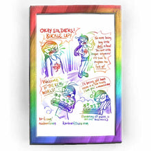 Load image into Gallery viewer, web comic. Jo, looking very angry: &quot;OKAY SOLDIERS! BUCKLE UP!&quot; / Jo: &quot;No more being lazy little shits in here! This ain&#39;t little league anymore! It&#39;s time to toughen the fuck up!&quot; / Jo, looking very angry, holding a tray of plants: &quot;Welcome TO THE REAL WORLD!&quot; / The tray of plants are now on a table. Jo: &quot;...I&#39;ll bring y&#39;all back inside in a few hours I love you! muwah* 🩷🩷&quot; Jo leans down and kisses one gently, eyes closed, hands clasped together near her face. Caption: (Hardening off plants is serious bus
