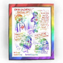 Load image into Gallery viewer, web comic. Jo, looking very angry: &quot;OKAY SOLDIERS! BUCKLE UP!&quot; / Jo: &quot;No more being lazy little shits in here! This ain&#39;t little league anymore! It&#39;s time to toughen the fuck up!&quot; / Jo, looking very angry, holding a tray of plants: &quot;Welcome TO THE REAL WORLD!&quot; / The tray of plants are now on a table. Jo: &quot;...I&#39;ll bring y&#39;all back inside in a few hours I love you! muwah* 🩷🩷&quot; Jo leans down and kisses one gently, eyes closed, hands clasped together near her face. Caption: (Hardening off plants is serious bus

