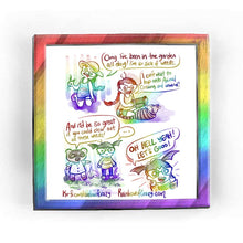 Load image into Gallery viewer, Rainbowofcrazy web comic. / Jo, on her knees, wearing a sun hat, a tank top with a cloud with a sad face, rain falling belong. Jo is holding some weeds in one hand.  Jo: &quot;Omg I&#39;ve been in the garden all day! I&#39;m so sick of weeds.&quot; / Jo, now sitting cross-legged on the ground, next to a smiling tabby cat. Jo is holding a Nintendo Switch. Jo: &quot;I can&#39;t wait to hop onto Animal Crossing and unwind!&quot; / Tom Nook, a raccoon: &quot;And it&#39;d be so great if you could clear out all these weeds!&quot; Jo (in Animal Crossing chara
