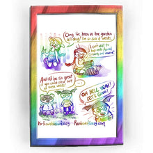 Load image into Gallery viewer, Rainbowofcrazy web comic. / Jo, on her knees, wearing a sun hat, a tank top with a cloud with a sad face, rain falling belong. Jo is holding some weeds in one hand.  Jo: &quot;Omg I&#39;ve been in the garden all day! I&#39;m so sick of weeds.&quot; / Jo, now sitting cross-legged on the ground, next to a smiling tabby cat. Jo is holding a Nintendo Switch. Jo: &quot;I can&#39;t wait to hop onto Animal Crossing and unwind!&quot; / Tom Nook, a raccoon: &quot;And it&#39;d be so great if you could clear out all these weeds!&quot; Jo (in Animal Crossing chara
