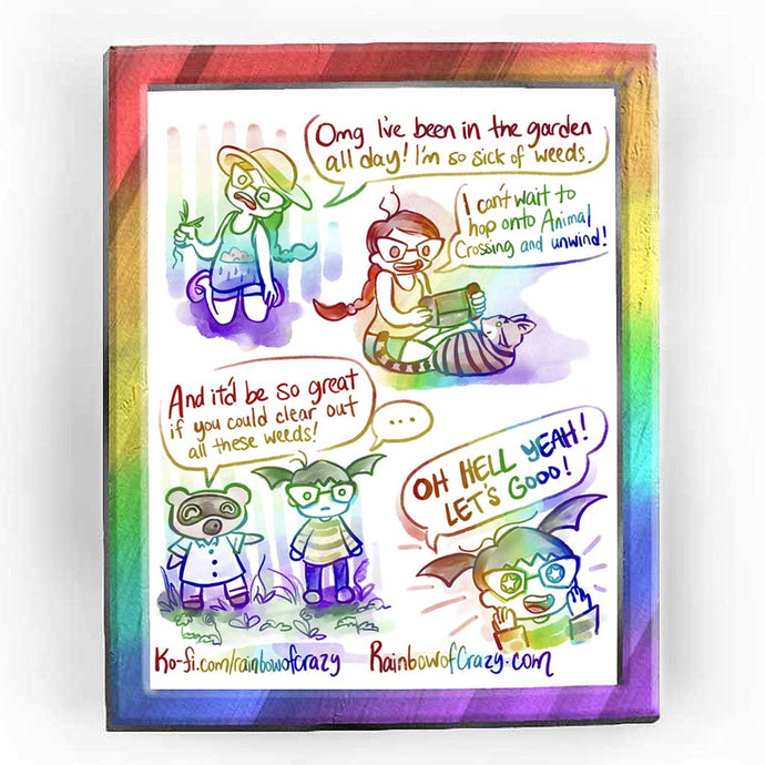 Rainbowofcrazy web comic. / Jo, on her knees, wearing a sun hat, a tank top with a cloud with a sad face, rain falling belong. Jo is holding some weeds in one hand.  Jo: 
