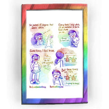 Load image into Gallery viewer, Rainbowofcrazy web comic: White Clothes. [I'm jealous of anyone that wears white.] Jo looks on in awe of a white rabbit that is standing up, striking a pose, arms slightly stretched out, eyes closed and smiling. Jo, hands on her face, has stars in her eyes in admiration of the rabbit. Jo: "oooh wow!" / [Every time I wear white, it's an invitation for food to find a home on me.] Jo looking down at her white t-shirt, full of stains. Jo: "Already? For fuck's sake." / [Sometimes I feel brave.] Jo wears a white 
