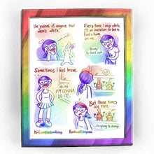 Load image into Gallery viewer, Rainbowofcrazy web comic: White Clothes. [I'm jealous of anyone that wears white.] Jo looks on in awe of a white rabbit that is standing up, striking a pose, arms slightly stretched out, eyes closed and smiling. Jo, hands on her face, has stars in her eyes in admiration of the rabbit. Jo: "oooh wow!" / [Every time I wear white, it's an invitation for food to find a home on me.] Jo looking down at her white t-shirt, full of stains. Jo: "Already? For fuck's sake." / [Sometimes I feel brave.] Jo wears a white 
