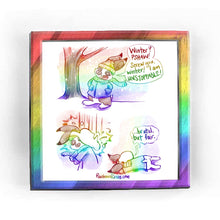 Load image into Gallery viewer,  Rainbowofcrazy web comic: "Winter." / Snow is on the ground and snowflakes are falling. A tree is seen in the distance. A white &amp; brown English lop rabbit stands upright. He wears a winter hat, scarf, coat, and mittens. Hands on hips, he smiles brightly. Rabbit: "Winter? PSHAW! Screw you, winter! I am UNSTOPPABLE!" / Close-up of the rabbit, looking shocked as a huge pile of snow falls on his head. / Rabbit, face down on the ground, pile of snow still on his head. Rabbit: "... brutal, but fair." / Rainb
