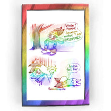 Load image into Gallery viewer,  Rainbowofcrazy web comic: "Winter." / Snow is on the ground and snowflakes are falling. A tree is seen in the distance. A white &amp; brown English lop rabbit stands upright. He wears a winter hat, scarf, coat, and mittens. Hands on hips, he smiles brightly. Rabbit: "Winter? PSHAW! Screw you, winter! I am UNSTOPPABLE!" / Close-up of the rabbit, looking shocked as a huge pile of snow falls on his head. / Rabbit, face down on the ground, pile of snow still on his head. Rabbit: "... brutal, but fair." / Rainb
