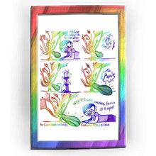 Load image into Gallery viewer, Rainbowofcrazy web comic. / Jo is lying, looking at a zucchini growing. Jo: &quot;My first zucchini! I&#39;ll harvest after I eat!&quot; / Jo has left. A small white rabbit with fairy wings suddenly appears with a &quot;POP!&quot; / The rabbit has an air pump, hooked up to the zucchini, and is pumping the zucchini up. / The rabbit disappears with a &quot;POP!&quot;, leaving a giant zucchini. / Jo, lying down, staring at the zucchini in disbelief. &quot;WTF?! Damn zucchini fairies at it again!&quot;  /  ko-fi.com/rainbowofcrazy / Rainbowofcrazy.com 
