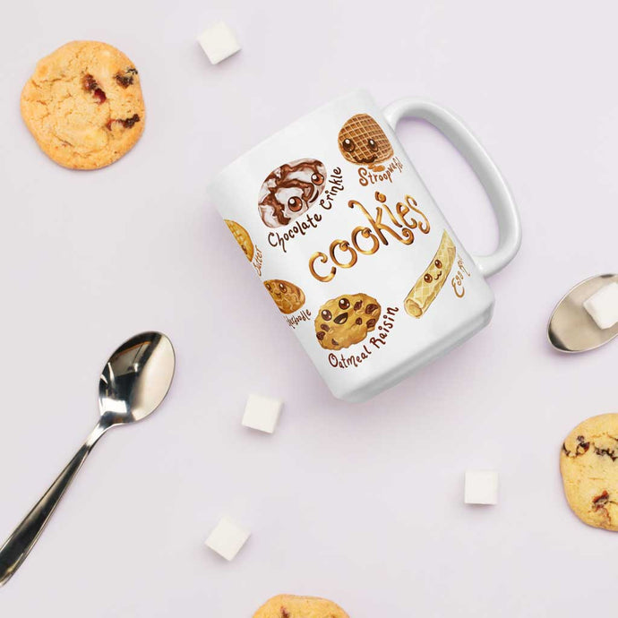 The Cookie Lovers Smile Mug in 15 oz size, includes a print of 10 different cookies with cartoon faces on them