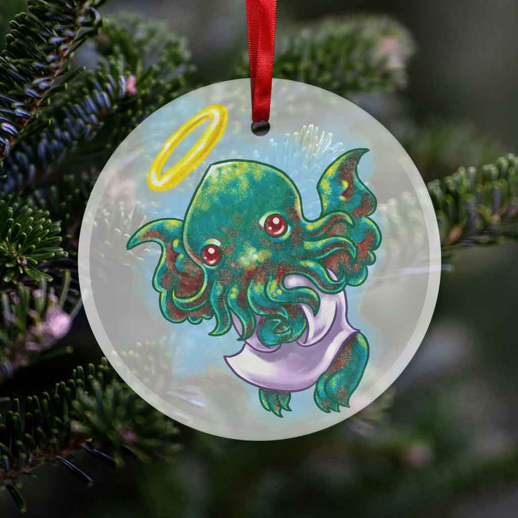 a round glass ornament, printed with an illustration of cthulhu as an angel, with a purple robe, and halo