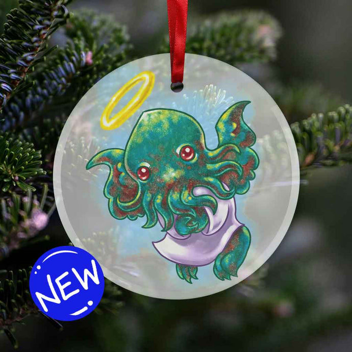 a round glass ornament, printed with an illustration of cthulhu as an angel, with a purple robe, and halo