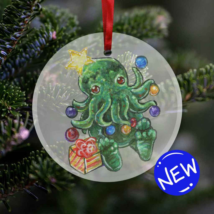 a round glass ornament, printed with an illustration of cthulhu as a christmas tree, with ornaments hanging on its tentacles, a star on its head, and a present by its feet