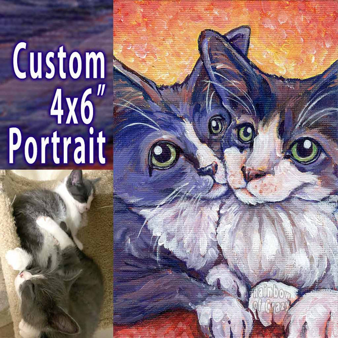 a custom pet portrait of two cats, hand painted on 4x6