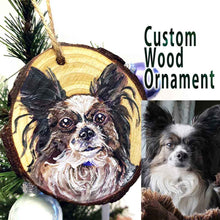 Load image into Gallery viewer, custom wood christmas tree ornament, hand painted with a portrait of a brown and white papillon dog
