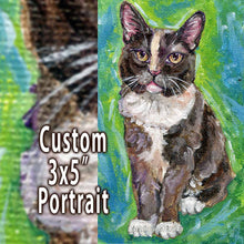 Load image into Gallery viewer, A custom pet portrait of a calico cat with brown, black, and white fur, and yellow eyes, painted with acrylic paint on 3x5 inch canvas board
