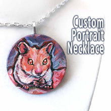 Load image into Gallery viewer, wood pendant necklace, painted with a portrait of a hamster with red eyes
