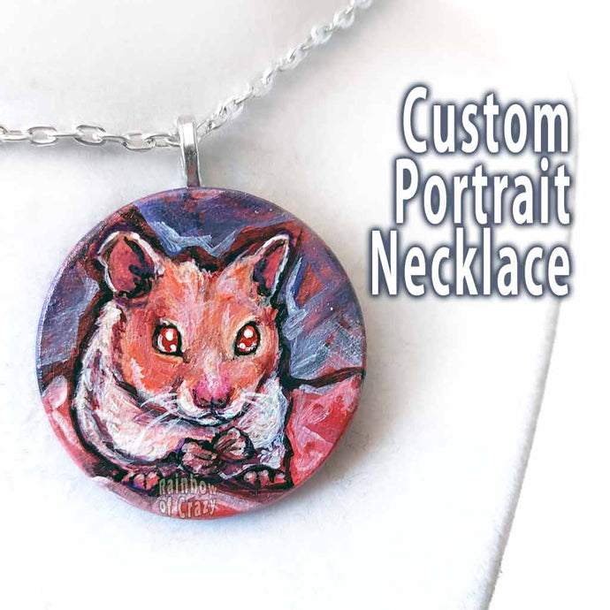 wood pendant necklace, painted with a portrait of a hamster with red eyes