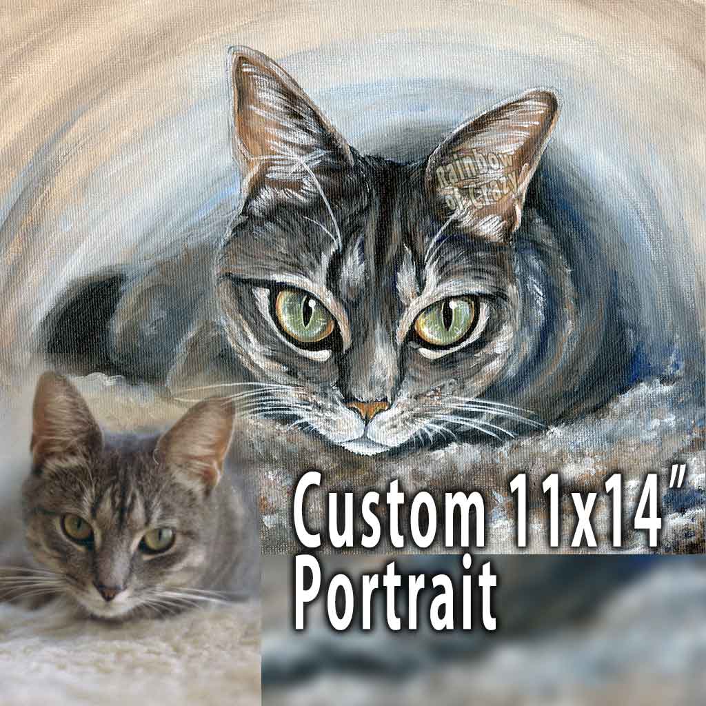 a pet portrait of a gray tabby cat with green eyes, with a photo of the cat in the bottom left corner.