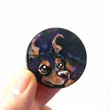 Load image into Gallery viewer, a small lightweight wood disc, hand painted with the portrait of a cute doberman dog. available as a wood keepsake or pendant necklace. 
