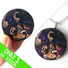 Load image into Gallery viewer, a small lightweight wood disc, hand painted with the portrait of a cute doberman dog. available as a wood keepsake or pendant necklace. 
