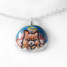 Load image into Gallery viewer, a small stone, hand painted with a portrait of a Pomeranian dog as an angel in the clouds, available as a keepsake stone or pendant necklace 
