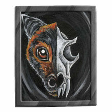 Load image into Gallery viewer, an illustration of a flying fox&#39;s face on one side and its eerie bat skull on the other. available as an art print. 
