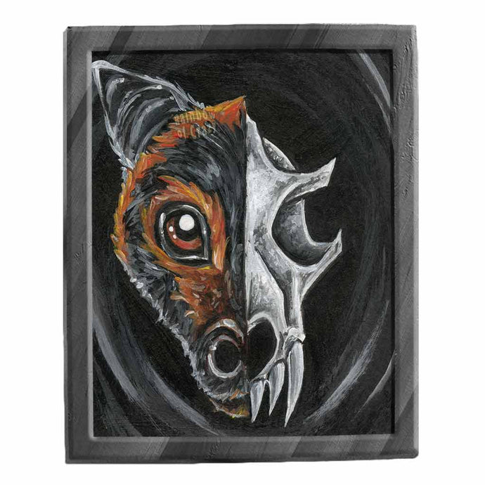 an illustration of a flying fox's face on one side and its eerie bat skull on the other. available as an art print.
