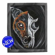 Load image into Gallery viewer, an illustration of a flying fox&#39;s face on one side and its eerie bat skull on the other. available as an art print. 
