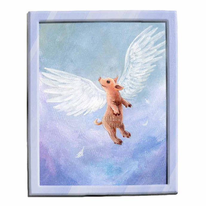 illustration of a flying pig soaring up into a sky filled with blue and purple. available as an art print
