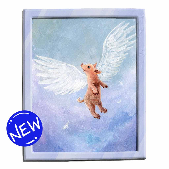 illustration of a flying pig soaring up into a sky filled with blue and purple. available as an art print