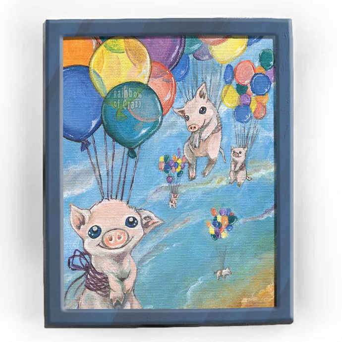 an art print featuring an illustration of five pigs floating through the blue sky, attached to colourful rainbow balloons