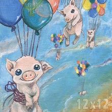 Load image into Gallery viewer, an art print featuring an illustration of five pigs floating through the blue sky, attached to colourful rainbow balloons
