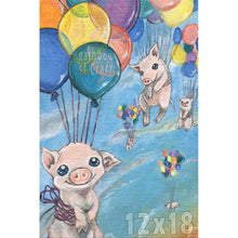 Load image into Gallery viewer, an art print featuring an illustration of five pigs floating through the blue sky, attached to colourful rainbow balloons
