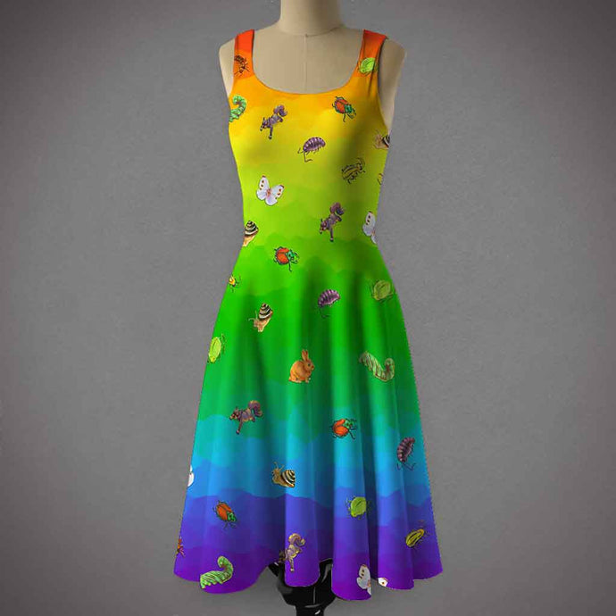  the Garden Pests Rainbow Dress: a rainbow ombre skater style dress, printed with illustrations of different garden pests, including ear wigs, Japanese beetles, rabbits, squirrels, and more
