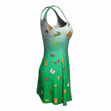 Load image into Gallery viewer,  the Garden Pests Green Dress: a green ombre skater style dress, printed with illustrations of different garden pests, including ear wigs, Japanese beetles, rabbits, squirrels, and more
