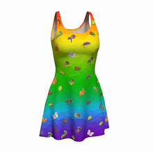 Load image into Gallery viewer,  the Garden Pests Rainbow Dress: a rainbow ombre skater style dress, printed with illustrations of different garden pests, including ear wigs, Japanese beetles, rabbits, squirrels, and more
